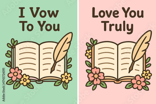 Vows with Floral Accents. Vows. Two vertical A6 banners, cartoon, pastel mint and pink backgrounds, open vow book with floral corners and a quill, first banner