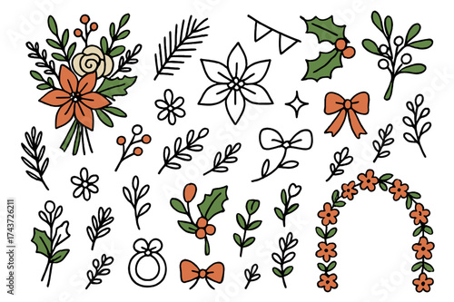 Festive Floral Design. Winter Florals. Hand-drawn doodle illustration bouquet (colored), pine branch, holly (colored), poinsettia, mistletoe (colored),