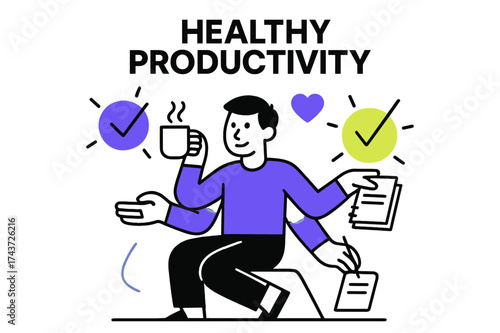Healthy Productivity Icons. Productivity & Wellness. Employee multitasking with glowing abstract checkmarks,