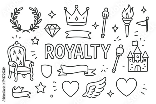 Royalty Doodle Illustration. Royalty. Hand-drawn doodle illustration of Royalty. crown, throne, scepter,