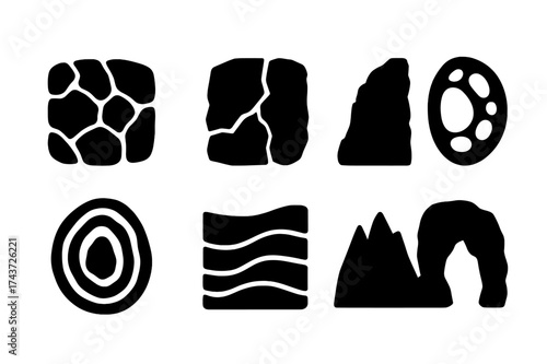 Rock Texture Icons. Rock textures. Filled icon set of Rock textures: granite surface, cracked stone, cliff