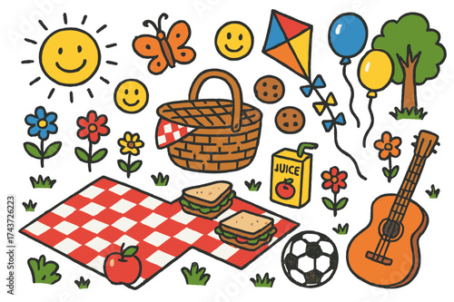 Colorful Picnic Delight. Picnic. Colorful Hand-drawn doodle Children illustration Basket, checkered blanket, sandwiches, fruit, juice box, kite, butterfly,