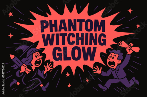 Phantom Witching Glow. Phantom Witching Glow banner, flat vector illustration, bold oversized text inside splash explosion, cartoon characters running and
