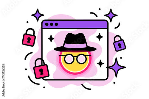 Incognito Privacy Illustration. Private browsing. A glowing incognito face with glasses and hat on a browser window, abstract floating locks and
