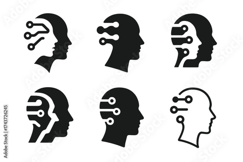AI Transformation Logos. Artificial intelligence in business. Set Logo of AI transformation: abstract figure merging human and digital elements. harmonious
