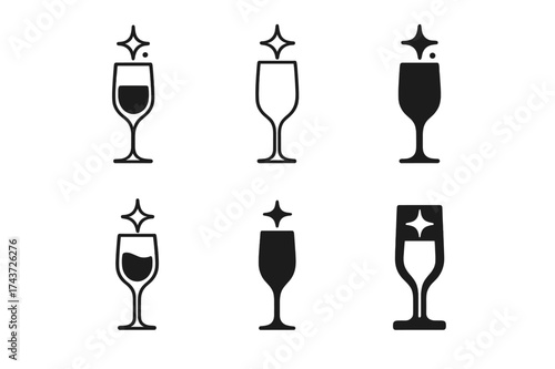 Digital Flute Variations. Digital champagne flute services. Set Logo of Digital champagne flute services: flute with celebratory spark. harmonious logo