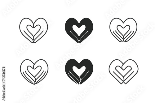 Harmonious Wellness Logos. Yoga, mindfulness, and self-care practices inspiring well-being. Set Logo of Wellness: hands forming a heart. harmonious logo