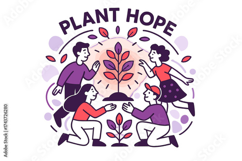 Circle of Hope. Reforestation. People forming a circle around a glowing tree, floating leaves orbiting them
