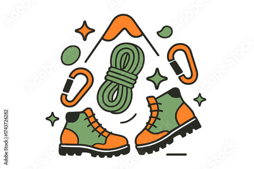 Climbing Gear Silhouette. Climbing gear. Boots, ropes, and carabiners floating in dynamic arrangement, forming the silhouette of a mountain. Abstract shapes