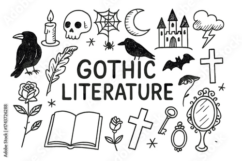 Gothic Literature Icons. Gothic Literature. Hand-drawn doodle illustration of Gothic Literature. Candle, skull