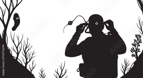 Silhouette of a person wearing a headlamp in a dark forest at night with bare trees and plants framing the scene