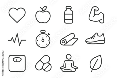 Health Icon Set. Health and Wellness. Line icon set of Health and Wellness: heart, apple, water bottle, muscle arm, heartbeat, stopwatch, yoga mat, running