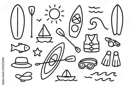 Water Sports Doodle. Water sports. Hand-drawn doodle illustration water sports paddleboard, surfboard, kayak, paddle, waves, sun, fish, boat, life jacket,