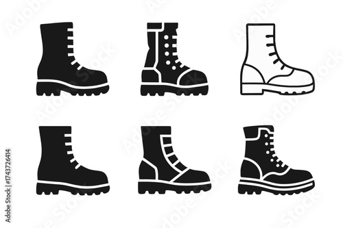 Combat Boots Logos. Boots. Set Logo of Boots: combat boots. harmonious logo variations of the same emblematic concept, each with different artistic