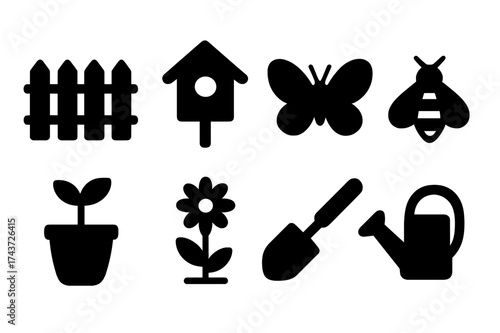 Black Garden Icons. Garden details. Filled icon set of Garden details: fence, birdhouse, butterfly, bee,