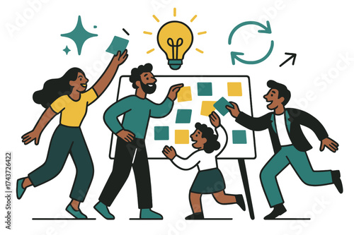 Dynamic Idea Exchange. Empowered brainstorming. Glowing group tossing ideas onto large board with sticky notes. Floating icons of sparkle, lightbulb, and