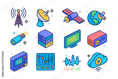 Broadcast Technology Icons. Broadcast Technology. Colorful isometric vector icons set of Broadcast Technology: transmitter tower, antenna, satellite orbiting