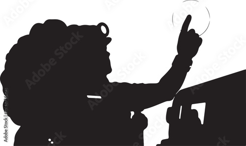 Silhouette of a woman with curly hair and glasses pointing upwards with her finger against a bright white background