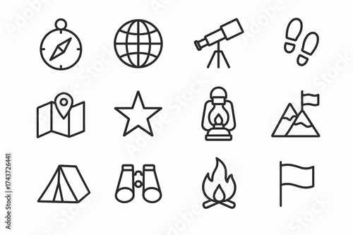 Explorer Icon Set. Explorer. Line outline icon set of Explorer: compass, globe, telescope, footprints, map,