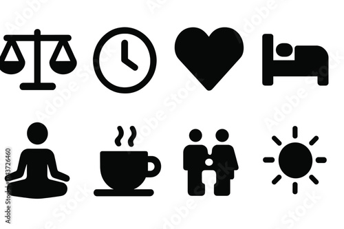 Work-Life Balance Icons. Work-life balance. Filled icon set of Work-life balance: scale, clock, heart, bed,