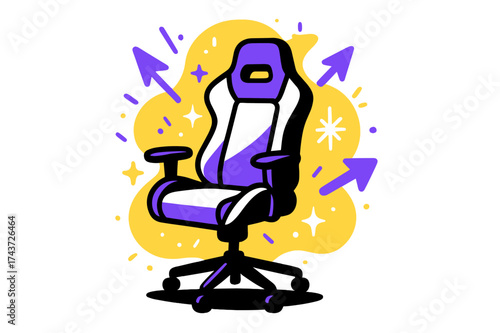 Ergonomic Gaming Chair. Gaming Chair. A glowing chair with abstract floating arrows and sparks showing comfort and ergonomic energy. Modern flat-line