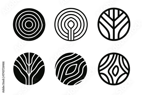 Wooden Deck Logos. Deck builders constructing wooden decks. Set Logo of wood grain circle: stylized tree ring pattern representing timber. harmonious logo
