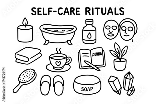 Self-Care Essentials. Self-Care Rituals. Hand-drawn doodle illustration self-care rituals candle, bath tub, essential oil bottle, face mask, towel, tea cup,