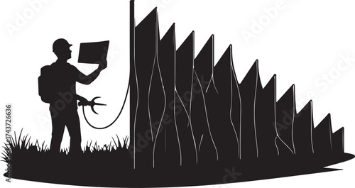 Silhouette of a gardener wearing a hat and backpack holding pruning shears and a plant sprayer near a tall hedge