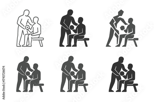 Diverse Fitness Logos. Personal trainer. Set Logo of Fitness: trainer with client. harmonious logo variations of the same emblematic concept, each with
