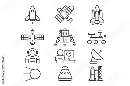 Space Exploration Icons. Space exploration. Line icon set of Space exploration: rocket, satellite, space shuttle, space station, lunar module, Mars rover,