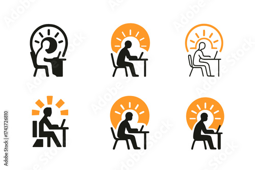 Harmonious Sunrise Logos. A person working in a calm and peaceful environment. Set Logo of sunrise work: figure at desk with rising sun in