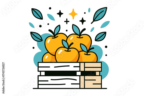Glowing Apple Crate. Apple crate. A wooden crate filled with glowing apples, abstract floating leaves and sparkles above showing freshness and abundance.