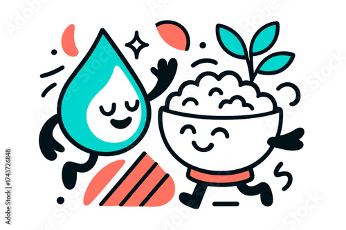 Nourishing Fusion Art. Water and Food. A glowing water droplet merging with a bowl of rice, abstract floating shapes symbolizing agriculture and nourishment.