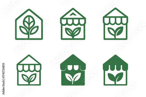Eco-Friendly Logo Variations. Trade in eco-friendly products and sustainable merchandise. Set Logo of eco store: storefront with leaf emblem. harmonious logo