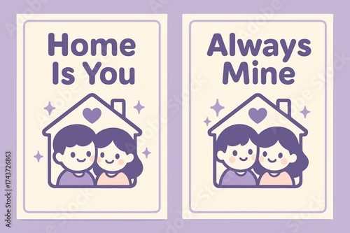 Kawaii Love Banners. Love. Two vertical A6 banners with safe margins, centered composition, no elements touching edges, kawaii style, lavender and cream,