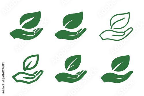 Eco-Friendly Logo Designs. Trade in eco-friendly products and sustainable merchandise. Set Logo of hand offering leaf: symbol of ethical trade. harmonious logo