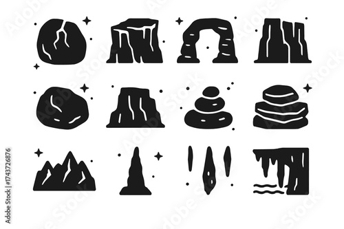 Weathered Rock Icons. Weathered Rock. Solid icons set of Weathered Rock: cracked boulder, eroded cliff, stone arch, canyon wall, river stone, desert mesa,