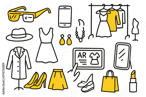 Fashion Tech Doodles. Fashion Tech. Hand-drawn doodle illustration fashion tech AR glasses (accented), smartphone, clothing rack (accented), dress, high heels