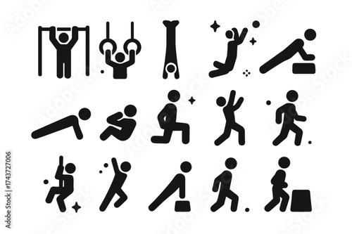 Gymnastics Icon Grid. Gymnastics & Bodyweight. Solid icons set of Gymnastics & Bodyweight: Pull-Up Bar, Gymnastics Rings, Handstand, Muscle-Up, Push-Up,