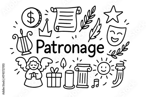 Doodle Symbols of Patronage. Patronage. Hand-drawn doodle illustration of Patronage. Coin, crown, scroll, book