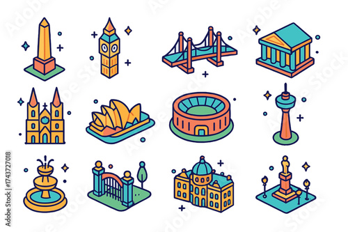 Colorful City Landmark Icons. City Landmarks. Colorful isometric vector icons set of City Landmarks: monument, clock tower, bridge, museum, cathedral, opera