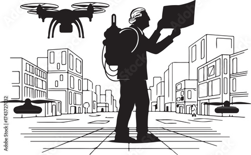 Silhouette of a person with a backpack and laptop operating drones in a futuristic city skyline with buildings
