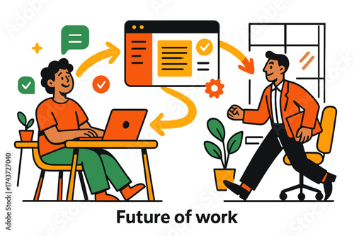 Hybrid Workspace Dynamics. Future of work. A character sitting happily at a desk at home, while another works