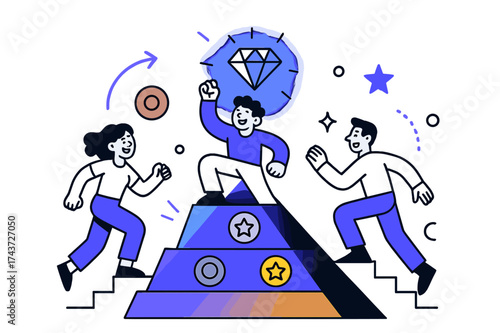 Membership Levels Pyramid. Tiered membership levels. A pyramid glowing with bronze, silver, gold, and diamond