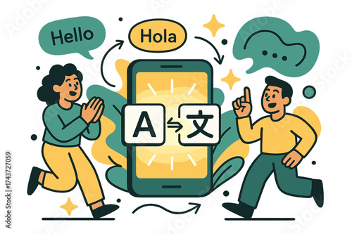 Glowing Translation Icons. Translation tools. A glowing phone showing translation icons with abstract floating words, arrows, and sparkles symbolizing clarity