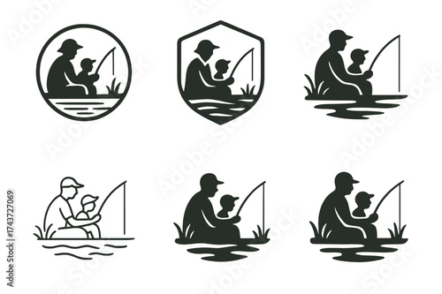 Family Fishing Logos. Fishing at the lake. Set Logo of family fishing: parent and child fishing together by lake. harmonious logo variations of the same