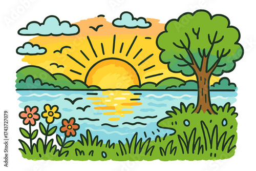 Sunrise Over Peaceful Lake. Peaceful Morning. Colorful Hand-drawn doodle Children illustration Sun rising, peaceful lake, mist over water, birds, reflection,