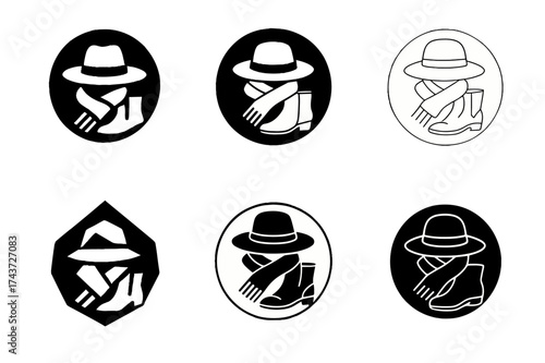 Stylish Fall Logos. Fall fashion accessories (gloves, hats, boots). Set Logo of fashion set: hat, scarf, and boots combined in emblem. harmonious