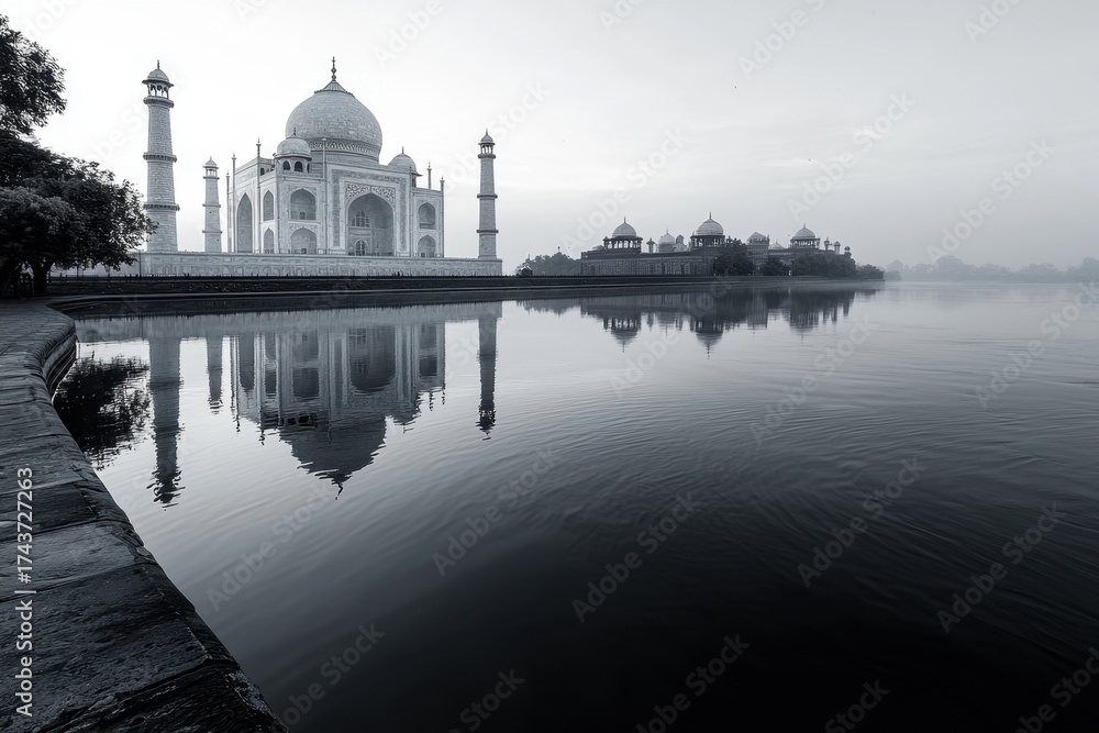 Fototapeta premium Iconic white marble mausoleum reflects peacefully in calm river at dawn, surrounded by historic architecture and serene natural elements under soft sky