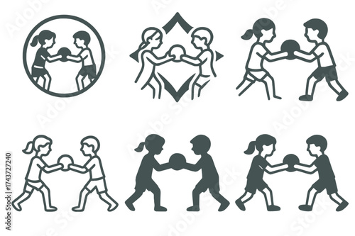 Teamwork Sports Logos. Children playing sports or engaging in physical activities. Set Logo of teamwork: children passing ball between them. harmonious logo